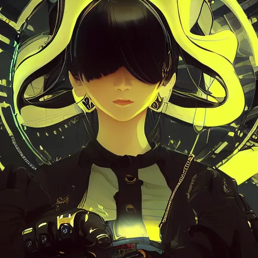 Prompt: Frequency indie album cover, luxury advertisement, golden filter, golden and black colors. A clean and detailed post-cyberpunk sci-fi close-up schoolgirl, she is very powerful, in asian city in style of cytus and deemo, mysterious vibes, by Tsutomu Nihei, by Ilya Kuvshinov, by Greg Tocchini, nier:automata, Yorda from Ico and Lain Iwakura, set in half-life 2, beautiful with eerie vibes, very inspirational, very stylish, with gradients, surrealistic, dystopia, postapocalyptic vibes, depth of field, mist, rich cinematic atmosphere, perfect digital art, mystical journey in strange world, beautiful dramatic dark moody tones and studio lighting, shadows, bastion game, arthouse