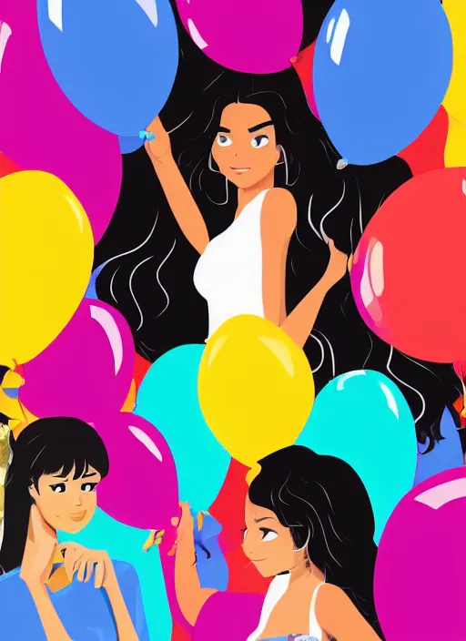 Prompt: woman, black hair, tan skin, curvy, slight resemblance to selena gomez and vanessa hudgens. colorful clothes. balloons. clean cel shaded vector art. shutterstock. behance hd by lois van baarle, artgerm, helen huang, by makoto shinkai and ilya kuvshinov, rossdraws, illustration,