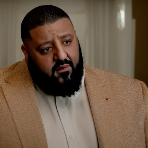 Image similar to a cinematic film still of DJ Khaled starring in The Shining, portrait, 40mm lens, shallow depth of field, close up, split lighting, cinematic