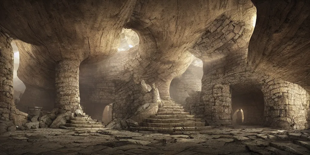 Prompt: an underground city built in a round bottomless chasm, houses are carved into the sidewalls, long winding stairs going down, 8 k, shallow depth of field, moody lighting, ultra high detail, concept art,