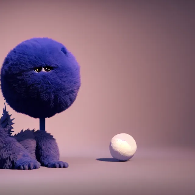 Image similar to a fluffy indigo ball with tiny paws poking on opposite sides and an anthropomorphic male dragon head at the top, soft colors, spherical, round, cute, unreal engine 5, octane render, vivid