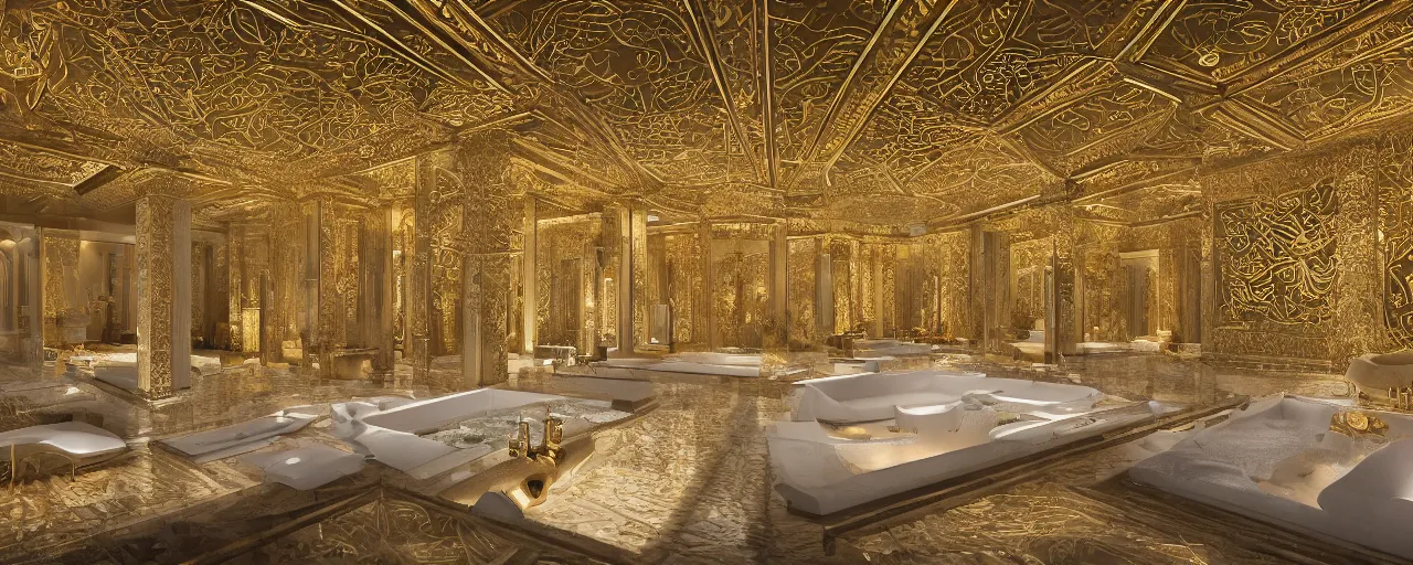 Prompt: photo of a cinematic interior of a double height hyper luxury spa with everything made of gold, candles, beige stone marble floor, wellness relaxation pool, intricate hieroglyph detailed roof, contemporary design, sacred geometry, 8 k, hyperrealistic, photorealism, windows with view to wadi al disah mountains