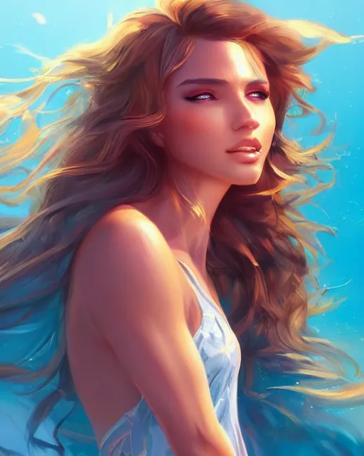 Image similar to summer vibes, beautiful sun tanned goddess, flowy hair, sun, summer, cinematic lighting, highly detailed, digital painting, trending on artstation, pixiv, concept art, sharp focus, illustration, art by ross tran and wlop