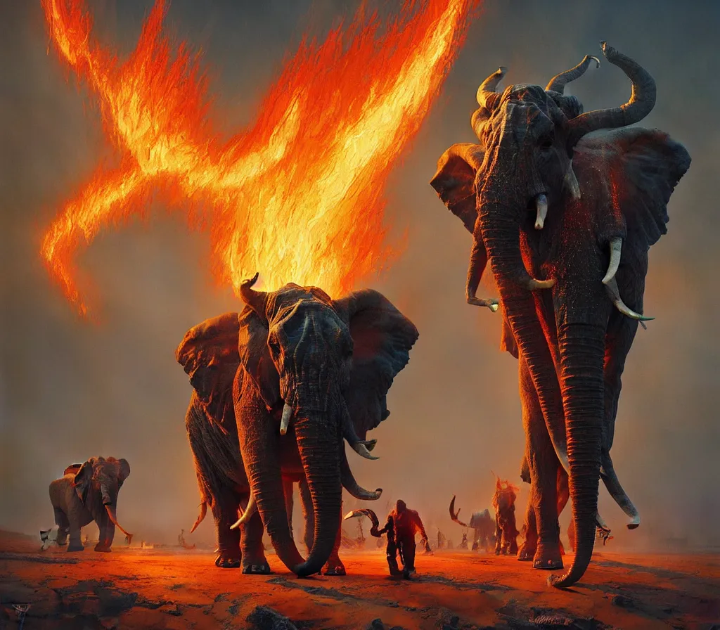 Prompt: ! a flaming demonic elephant with massive tusks, breathtaking landscape, icy tundra, epic proportions, award winning collaborative painting by geg ruthowski, craig mullins, vincent di fate, john berkey, michael whelan, collaborative artwork, exquisitely high quality and detailed