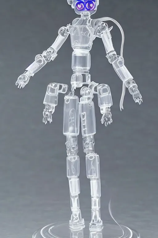 Prompt: a intricate anime figurine that looks like a transparent plastic robot with fog all around,