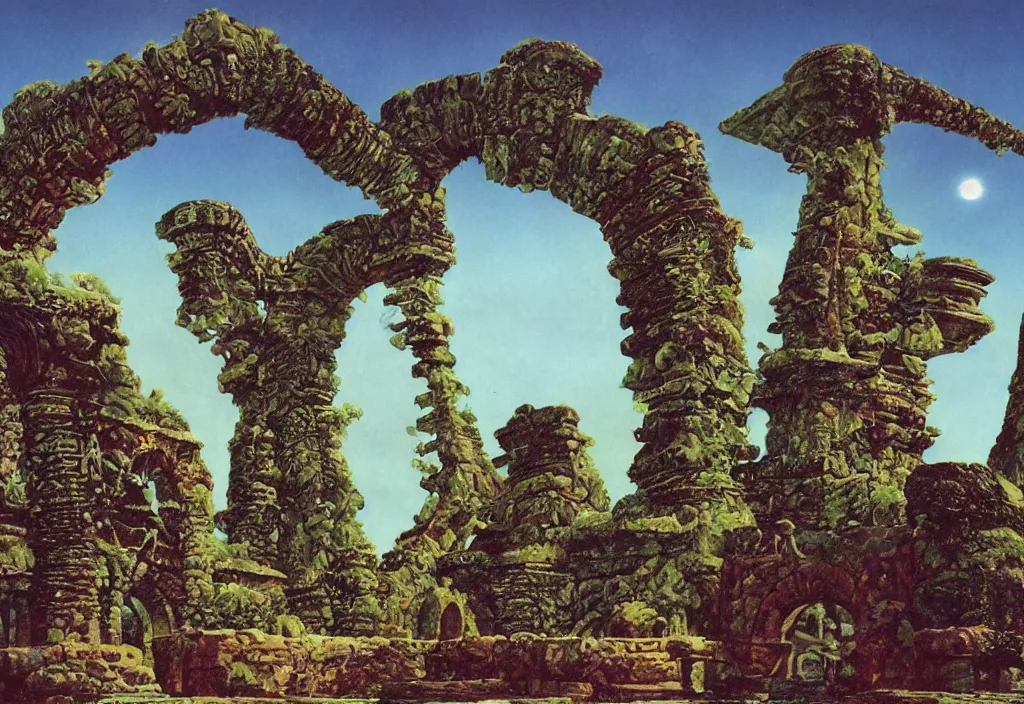 Image similar to a tropical alien world, ancient ruins, by roger dean, david a. hardy, syd dutton