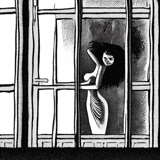 Prompt: Woman floating outside of apartment window, black and white, junji ito style, creepy, horror,