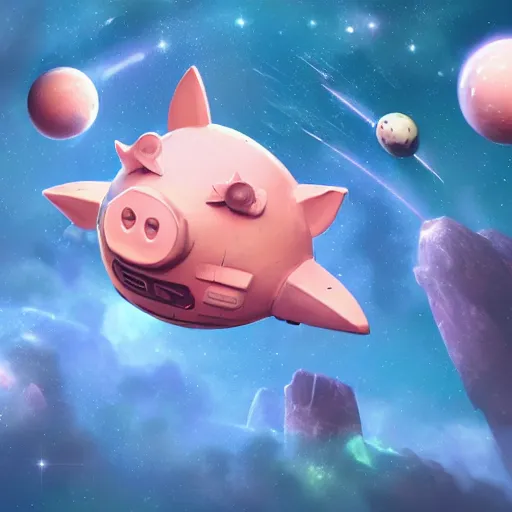Prompt: 3D Fantasy Cute and adorable piggy spacecraft flying through space, bright stars, Smooth 3D Illustration, soft render, Servando Lupini, Daniil Kudriavtsev, handpaint texture, Blender, 3DCoat