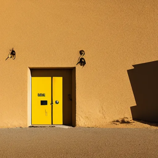 Prompt: a long, ground level shot of a standard door made of metal, the door has a shell made of concrete, facing the camera, set somewhere in nevada desert, barren mountains far away, centered composition, high noon, brightly-lit, yellow cinematic lighting