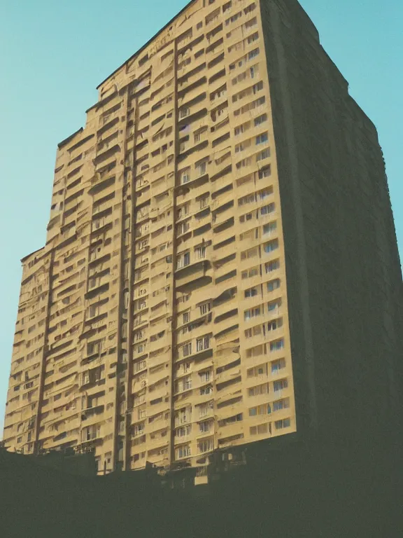 Image similar to photo of low soviet panel residential building, extreme wide shot, golden hour, kodak gold 2 0 0, side - view