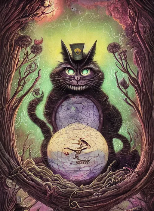 Image similar to cheshire cat the magician tarot card, highly detailed, cinematic, 8 k, bymegan duncanson, benjamin lacombe, naoto hattori, adrian borda, giger, trending on deviantart, hyper detailed, horror, full of colour