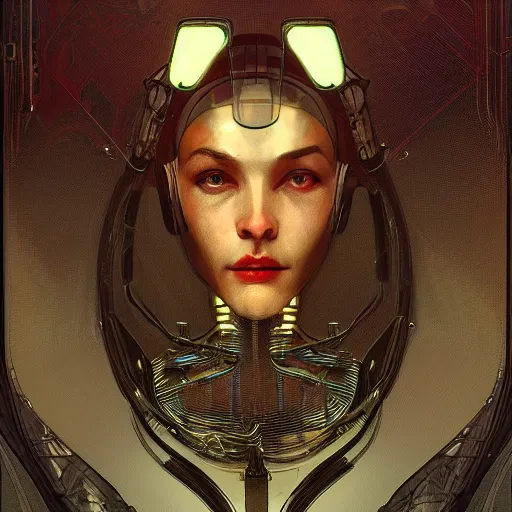 Image similar to portrait of bearded android, coy, circuitry visible in head, in the style of ex machina, karol bak, alphonse mucha, greg rutkowski, award winning, hr giger, artstation