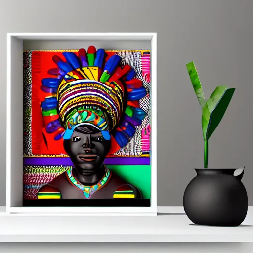 Image similar to african tribal chief vinyl art toy, detailed product photo, 3 d render, magazine collage