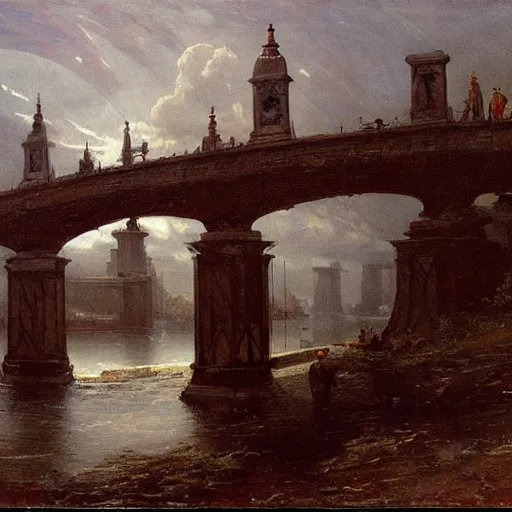 Image similar to painting of a scifi ancient civilzation victorian, brutalist bridge, andreas achenbach