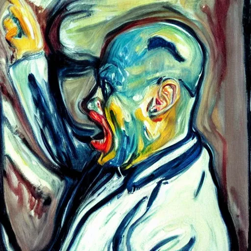 Prompt: Walter White screaming, expressive oil painting by Edvard Munch