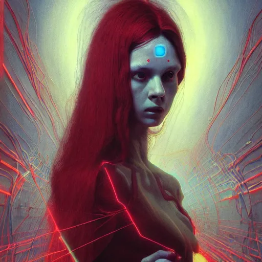 Image similar to Portrait Masterpiece, Wanda Maximoff, furious, red and cyan, glowing, wires everywhere, by Edgar Maxence and Ross Tran, Zdzisław Beksiński, and Michael Whelan, distant, gustav dore, H.R. Giger, 8k, octane render