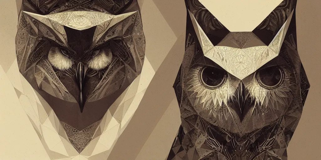 Image similar to portrait of a geometric owl, identical eyes, medium shot, illustration, full body made of white feathers, symmetrical, art stand, super detailed, cinematic lighting, and its detailed and intricate, gorgeous, by peter mohrbacher