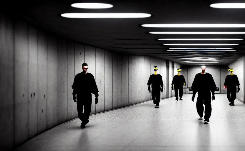 Image similar to Black quadcopters swarm the wide hallways in a futuristic prison underground with brutalist architecture, staff can be seen carrying black duffel bags, sigma 85mm f/1.4, 4k, depth of field, high resolution, 4k, 8k, hd, full color