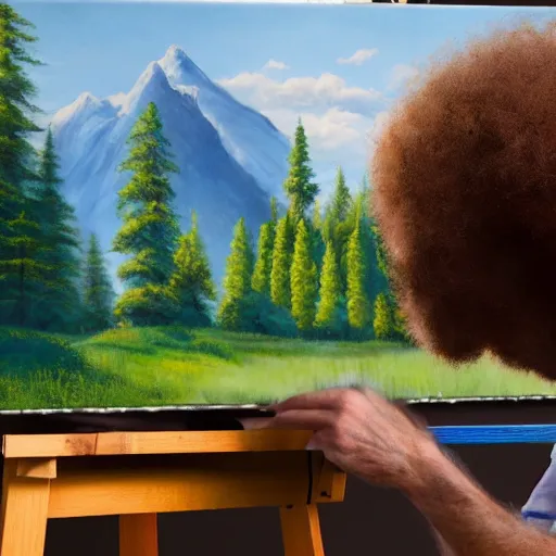 Image similar to a closeup photorealistic photograph of bob ross working on a canvas painting of cookie monster. film still. brightly lit scene. mountains and trees. this 4 k hd image is trending on artstation, featured on behance, well - rendered, extra crisp, features intricate detail, epic composition and the style of unreal engine.