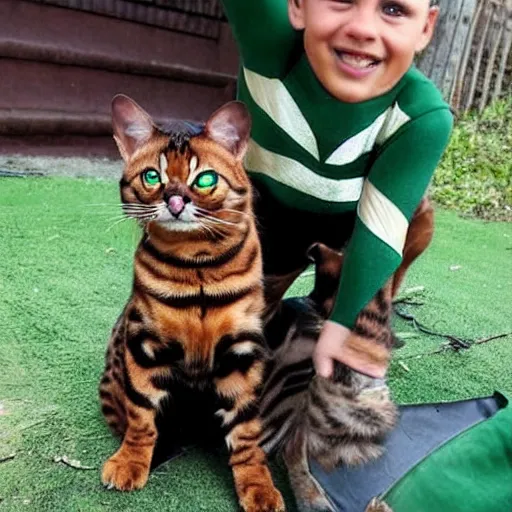 Image similar to a brown-haired boy and a bengal cat each dressed as the green arrow