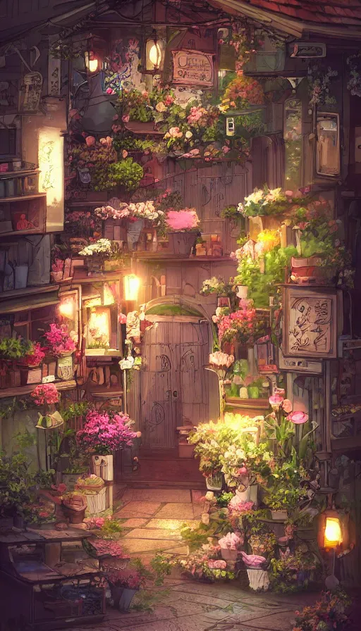 Prompt: a little flower shop's front gate, nostalgic, fresh digital illustrati on, dramatic lighting, pixiv, detailed textures