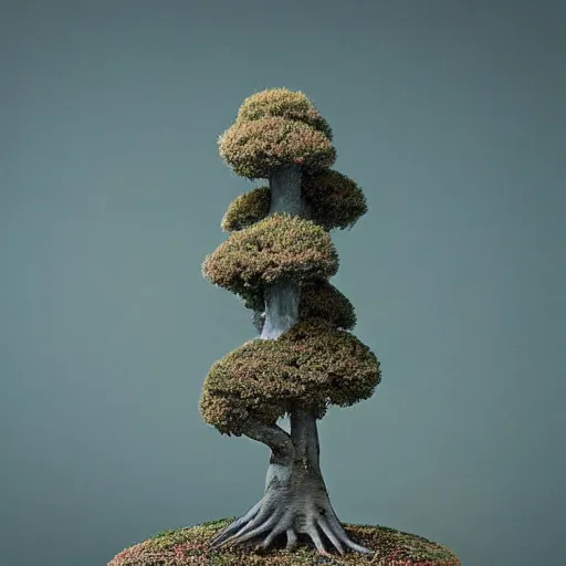 Image similar to A picture of a planet of various flowers, fungus and plants, Bonsai , in which the human figure is dressed in something magical and impressive, inside the picture is infinity, muted light, BotanicalAtmospheric phenomenon, artistic photography, muted colors, conceptual, Kodachrome