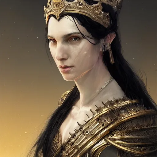 Image similar to portrait of a fantasy tall woman with black hair pale skin and a crown on her head, intricate baroque armour, glowing aura, trending on artstation, 4 k, greg rutkowski, concept art, matte painting,