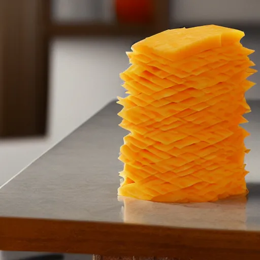 Prompt: 1,000,000 slices of sharp cheddar cheese stacked into a tower hyperrealistic, 8k