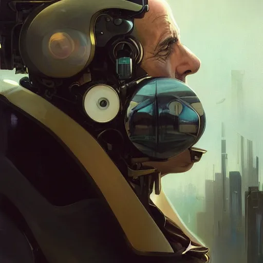 Image similar to beautiful delicate imaginative streamlined futuristic close up portrait of humphrey bogart sitting with elegant deadly looks, mechanical body on gold linings, smooth white and soft by ruan jia, tom bagshaw, alphonse mucha, krenz cushart, beautiful cyberpunk buildings in the background, epic sky, vray render, artstation, deviantart, pinterest, 5 0 0 px models