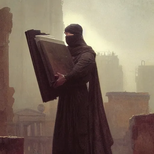 Image similar to half portait of magican wearing a closed cowl and big old book! chained to the wrist, jeremy mann, jean - leon gerome, tiepolo, alphonse mucha, greg rutkowski, face in the shadows, ( ( ruins of ancient rome ) ), at dusk, mysterious atmosphere, sunrays, dof, high detailed, 8 k