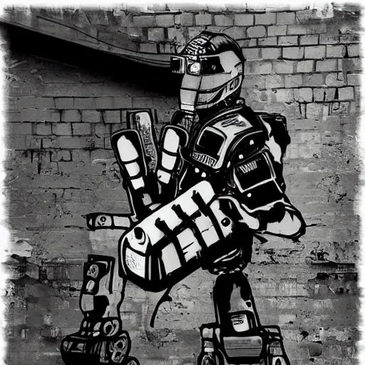 Image similar to chappie, back and white, zef design graffiti in the background, dark lighting, digital art