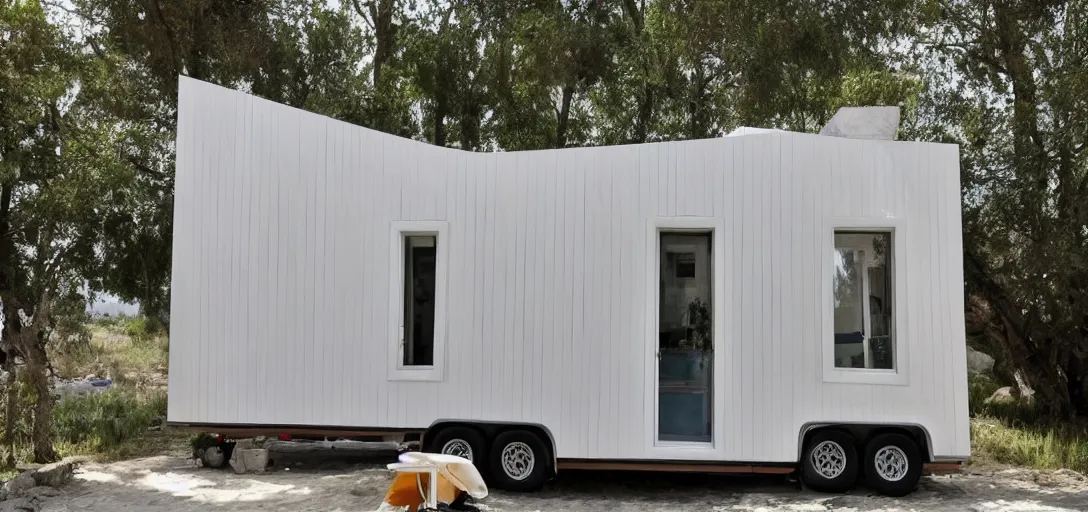 Prompt: greek tiny house on trailer made of marble designed by iktinos and callicrates.