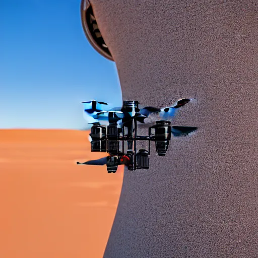 Prompt: industrial extrusion nozzle on flying radio controlled drone, extruding a clay mixture, in the australian desert, XF IQ4, 150MP, 50mm, F1.4, ISO 200, 1/160s, dawn