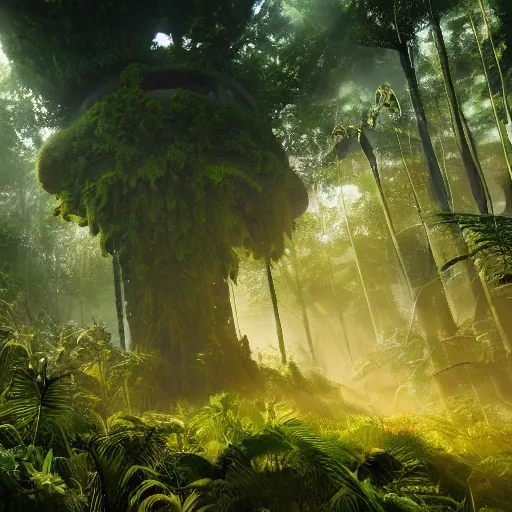 Prompt: a lush alien forest, yellow and green sky, birds in flight, humid alien jungle, atmospheric, exotic, unreal engine, trending on artstation