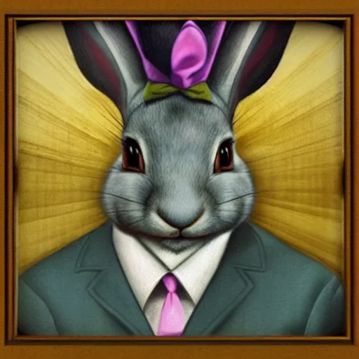 Image similar to a detective rabbit by Raphael, Hopper, and Rene Magritte. detailed, romantic, enchanting, trending on artstation.