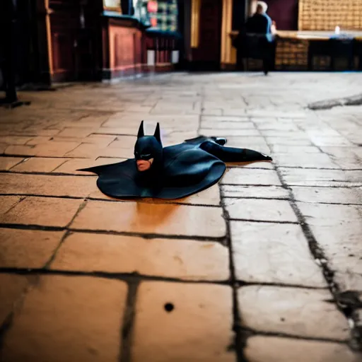 Image similar to batman lying on the floor in a pub, 8 k photography, golden hour