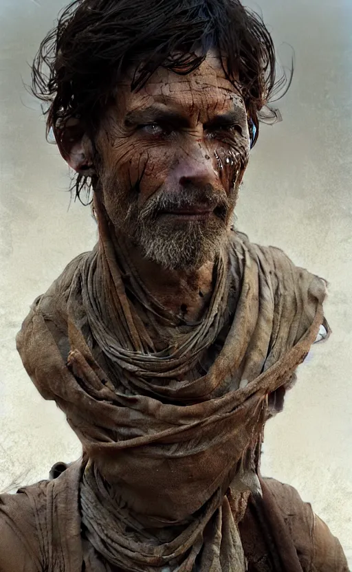 Prompt: a portrait of an ancient male beggar, transparent skin, dirty face, concept art, deep focus, intricate, highly detailed, digital painting, artstation, matte, sharp focus, illustration, art by greg rutkowski and alphonse mucha