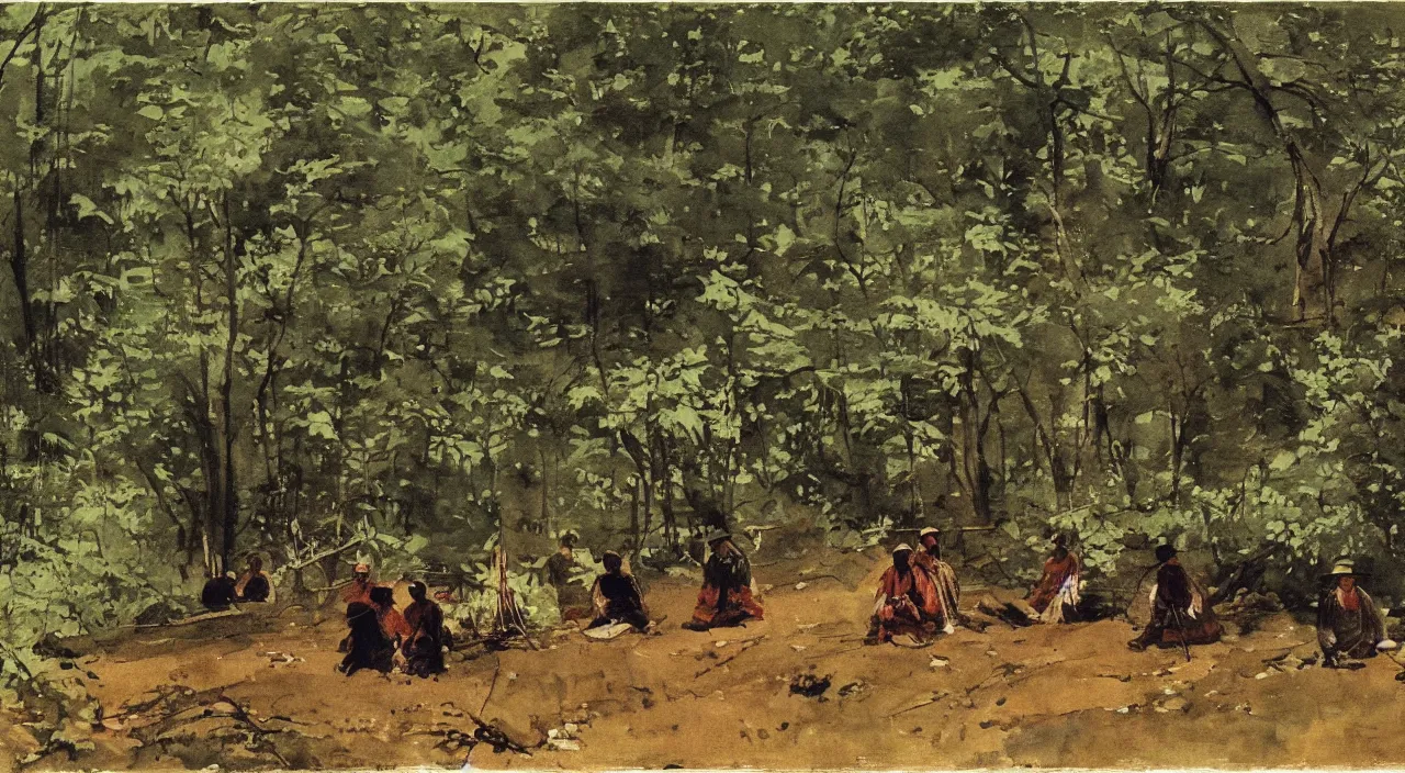 Image similar to Indian natives are waiting, hidden in the woods, watercolour by Winslow Homer, oil on canvas