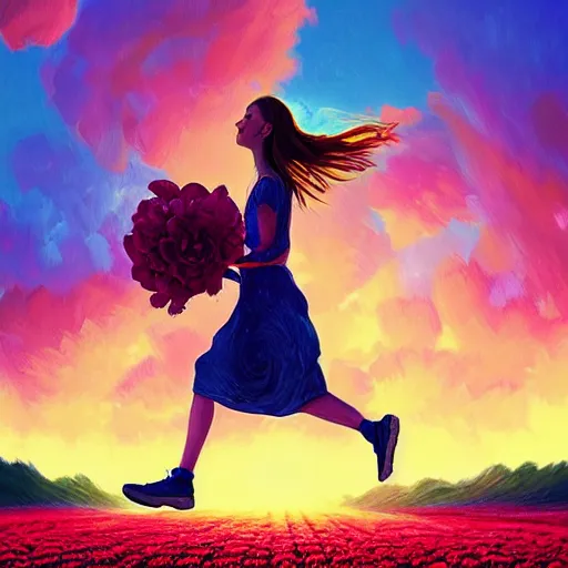 Image similar to giant rose flower head, full body girl running through a flower field, surreal photography, sunrise, dramatic light, impressionist painting, colorful clouds, digital painting, artstation, simon stalenhag