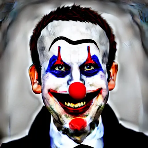 Image similar to portrait of macron as a clown, symmetrical, nikon 3 5 mm photography, ultrarealistic