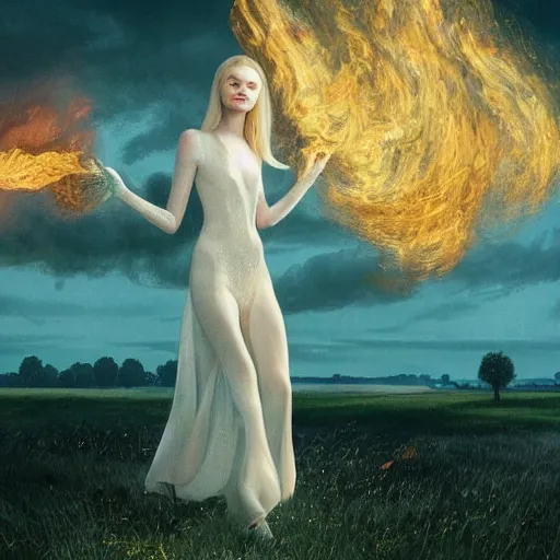 Prompt: Elle Fanning engulfed in flame in a field in the world of Adam Wyeth, head and shoulders portrait, stormy weather, extremely detailed masterpiece, oil on canvas, low-key neon lighting, artstation, Blade Runner 2049, Roger Deakin’s cinematography, by J. C. Leyendecker and Peter Paul Rubens and Edward Hopper and Michael Sowa,