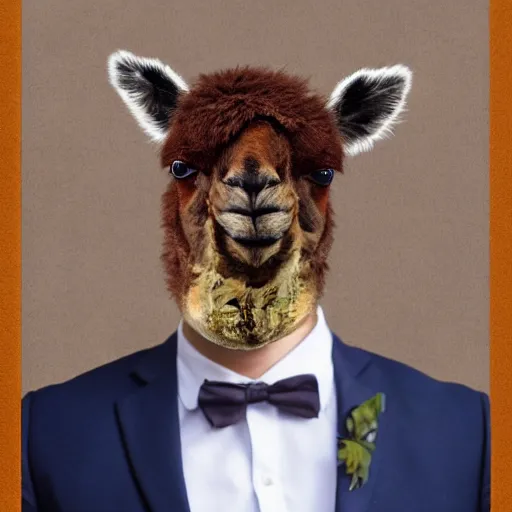 Prompt: a picture of half portrait of a single man in suit with an fat alpaca's head, symmetrical facial features, octane.