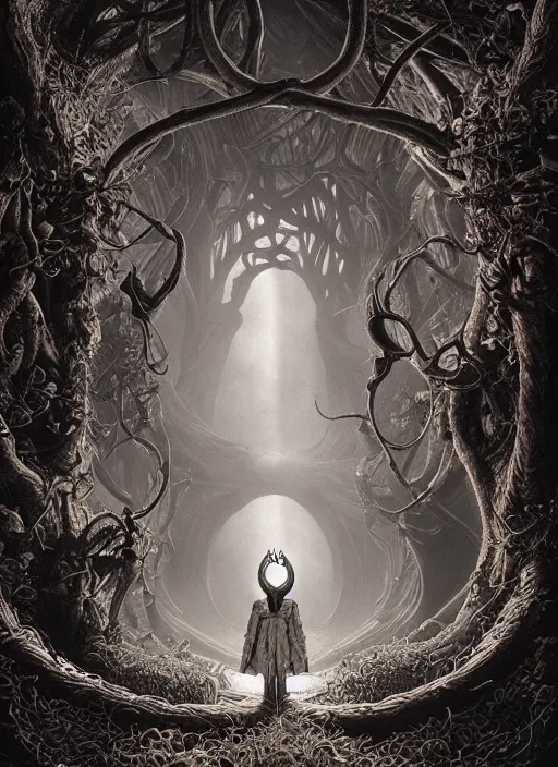 Prompt: a photorealistic dramatic hyperrealistic render of exploring eerie pan's labyrinth by joe fenton, color poster art design, intricate details, beautiful dynamic dramatic dark moody tones and lighting, shadows, cinematic atmosphere, octane render, 8 k