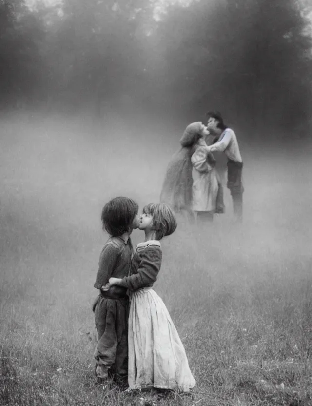 Image similar to peasant boy and girl first kiss, secretly on a village, Cinematic focus, Polaroid photo, vintage, neutral colors, soft lights, foggy, by Steve Hanks, by Serov Valentin, by lisa yuskavage, by Andrei Tarkovsky