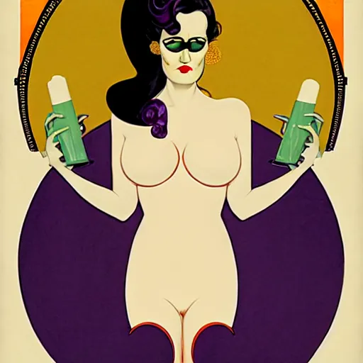 Prompt: Eva Green is Metamorpho, the Element Woman, Art by Coles Phillips and Joshua Middleton, Chalk white skin, deep purple hair, Green eyes, Orange background, Mucha, Portrait of the actress, Eva Green as Metamorpho, carbon black and antique gold