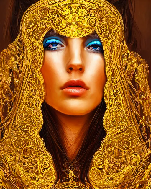 Image similar to acrylic painting portrait of woman in shining golden armor, high production value, intricate details, high resolution, hdr, high definition, masterpiece, realistic, ultrarealistic, highly detailed, hd, sharp focus, non blurry, sharp, smooth