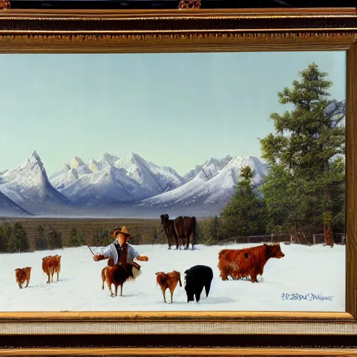 Image similar to an extremely detailed matte painting of a rancher feeding the animals at sunrise on the first day of spring, huge rocky mountains in the background, tall rancher wearing a cowboy hat, dogs, cows, sheep, chickens, ducks, 4 k, ranch the morning after a light snowfall, by bob ross and norman rockwell