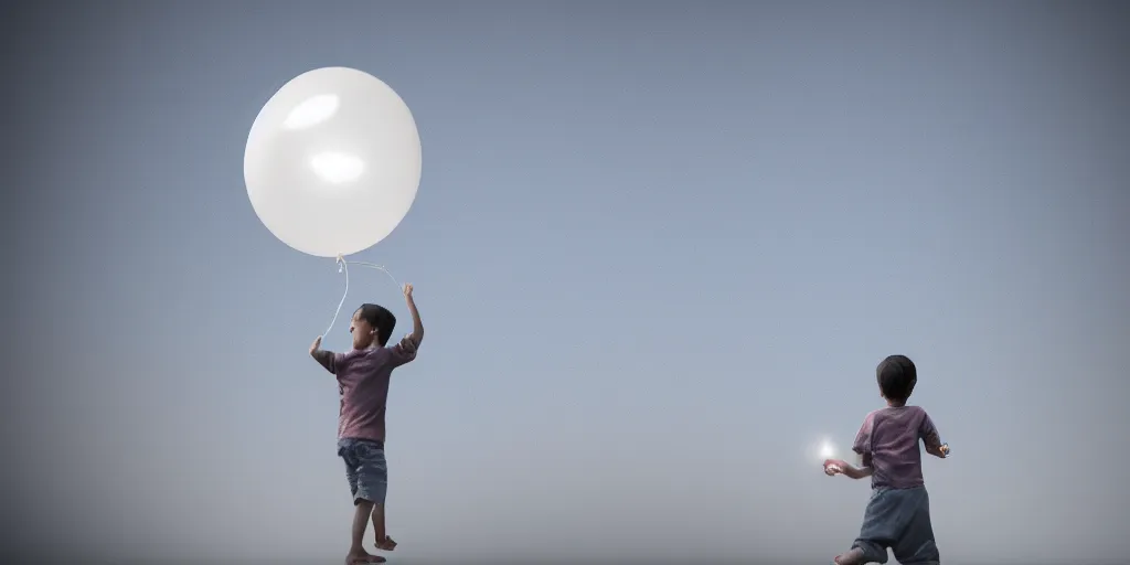 Image similar to boy floating away with a ballon, trending on artstation, award winning, volumetric lighting