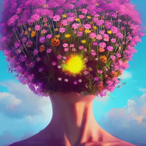 Prompt: head made of daisies, girl standing in a vast flower field, holding flowers, surreal photography, sunrise dramatic light, impressionist painting, colorful clouds, large sky, digital painting, artstation, simon stalenhag, flower face