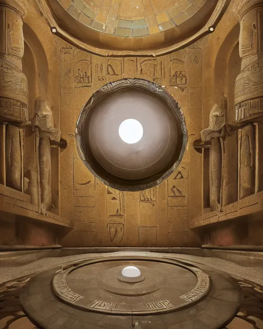 Prompt: greg rutkowski digital painting of an ornate and royal egyptian antechamber tomb, a circular pool in the tomb showing the galaxy, unreal engine, hyper realism, realistic shading, cinematic composition, blender render, octane render, hdr, detailed textures, photorealistic, ultrawide shot, 3 5 mm film